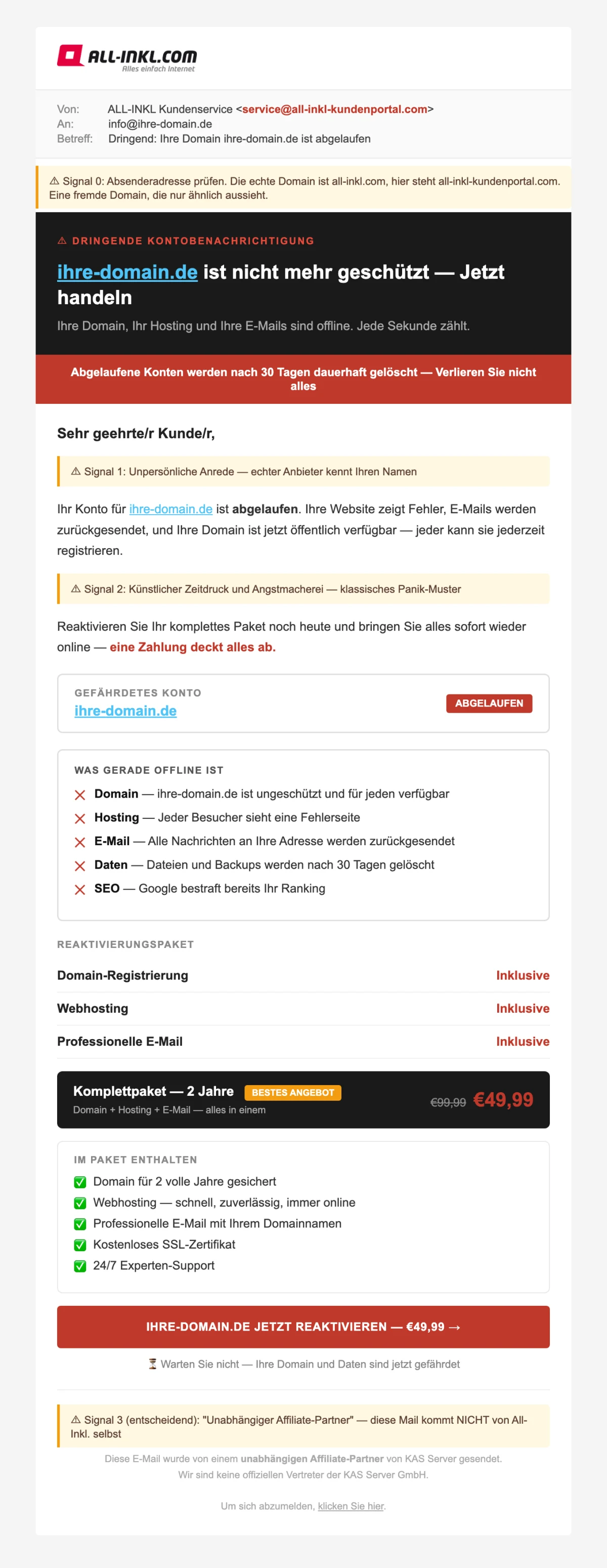 Dieselbe gefälschte E-Mail mit den markierten Warnsignalen: gefälschte Absenderadresse, unpersönliche Anrede, künstlicher Zeitdruck und der Affiliate-Hinweis im Footer