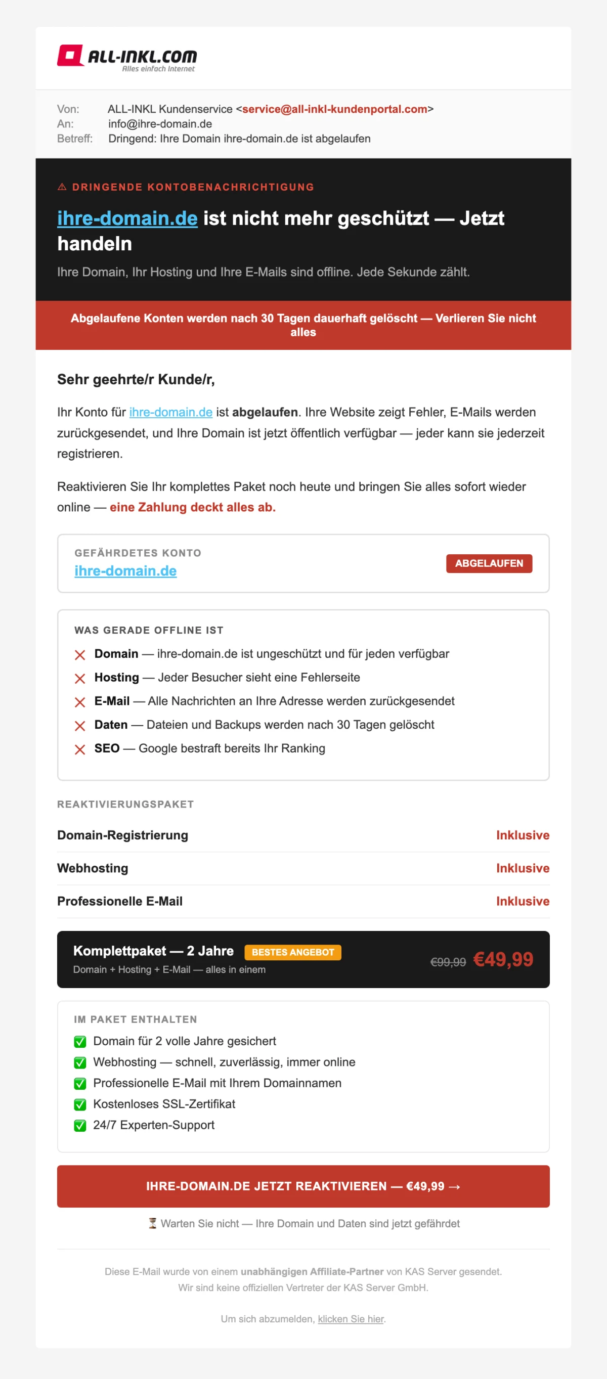Gefälschte Phishing-E-Mail im Namen des Hosting-Anbieters mit Logo, dringender Kontobenachrichtigung und einem Fake-Reaktivierungspaket