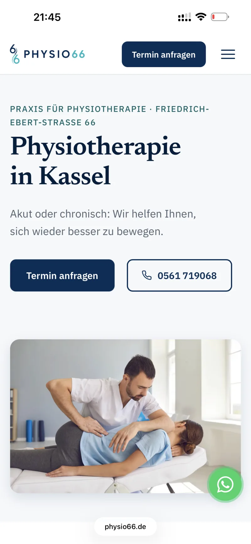 PHYSIO66 Kassel: Website (Handy), umgesetzt von d1ma